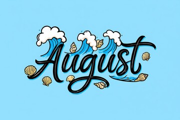 August text with ocean waves and seashells on blue background