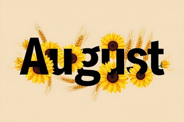 August text with sunflowers and dried flowers on a light background