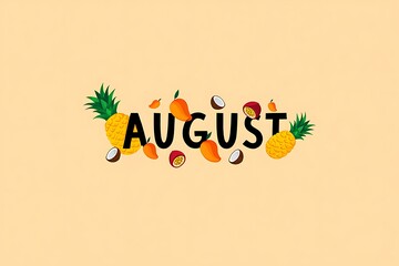 August text with tropical fruits and leaves on a light background