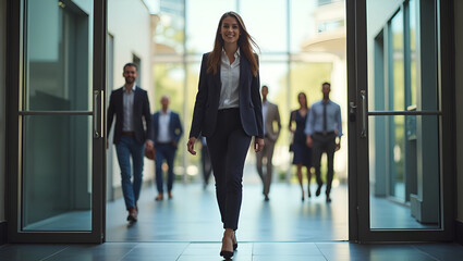Fototapeta premium Professional Photograph of Young Professional's Confident First Day in Corporate Atrium with Supportive Colleagues - Stock Photo Concept with Empty Space