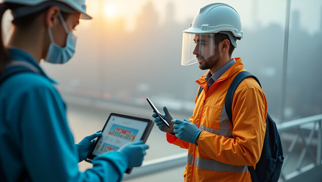 Exploring Air Quality and Warming Trends: Environmental Health Experts Analyze Pollutants and Temperature Data in Urban Areas - Photo Stock Concept with Left Space