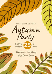 Frame of autumn leaves in bright colors. Vector trendy hamd drawn illustration. Maple, oak and rowan leaf. Background for fabric, wallpaper or gift wrapping print.	