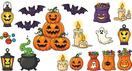 Spooky halloween elements with pumpkins bats and candy bags