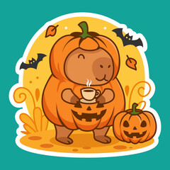 Fototapeta premium Cute Halloween Capybaras Spooky Ghost Witch Pumpkin and Candy Cane