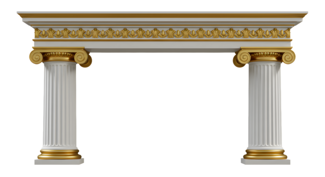 Elegant white and gold architectural archway with Ionic columns and ornate frieze, perfect for classical designs and prestigious projects.