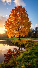 Autumnal Tree by Pond.