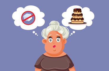 Obese Woman Considers Giving Up Sugar Vector Character. Person feeling guilty about sugar addiction starting a new lifestyle sugar free 