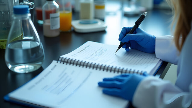 Laboratory Technician Documenting Water Clarity Results in Digital Logbook | Turbidity Standards & Visual Inspection Protocols | Photo Stock Concept with Empty Space