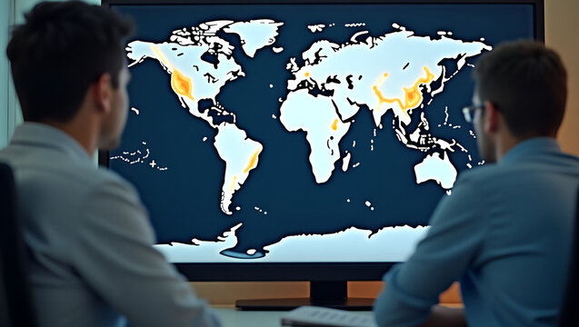 Climate Researcher Analyzing Global Carbon Levels on Interactive World Map: Concentration Gradients & Temporal Changes Since Pre-Industrial Era - Photo Stock Concept