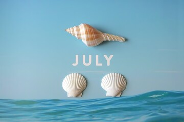 July seashells and ocean waves on a blue background