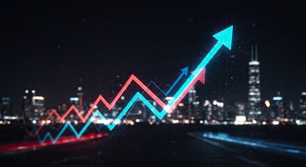 City skyline at night with upward trending graphs, suggesting economic growth.