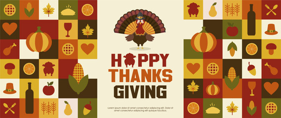 Festive and Colorful Happy Thanksgiving Banner with Cartoon Turkey, Meals, and Fall Elements in Geometric Mozaic Style. Best for Thanksgiving 2025 Background, Prints, Greetings and Invitation.