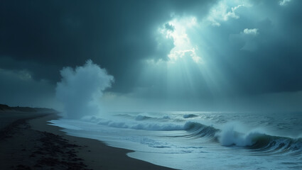 Fototapeta premium Dramatic Coastal Storm Disaster: Darkening Skies and Hurricane Gusts Whipping Sea Spray Over Barrier Island Coastline - Captivating Stock Photo with Empty Space for Text