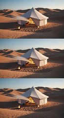 A luxurious desert safari tent, bathed in warm, ambient light, stands in the midst of gentle sand dunes.