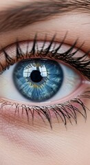 Close-up view of a vibrant blue eye, showcasing intricate details of the iris and delicate eyelashes.