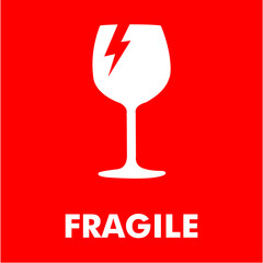 white cracked glass and fragile text on red background. fragile sign on red background.