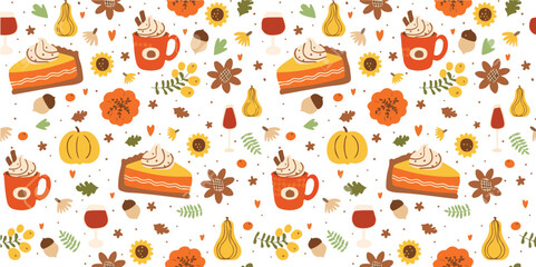 Delightful fall thanksgiving seamless pattern with autumnal elements and holiday delicacies