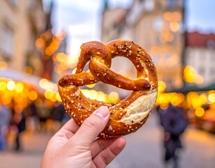 Delicious German Pretzel Held in Hand.