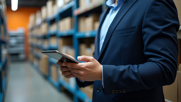 Retail Stockroom Manager Analyzing American Market Stress Indicators on Financial Tablet While Monitoring Store Inventory Metrics - Conceptual Image with Empty Space