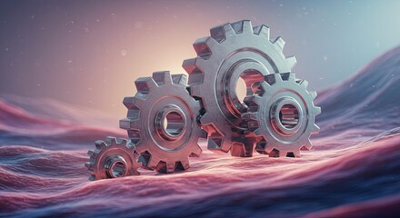 Three interconnected metallic gears of varying sizes resting on a surreal, flowing, dreamlike landscape.