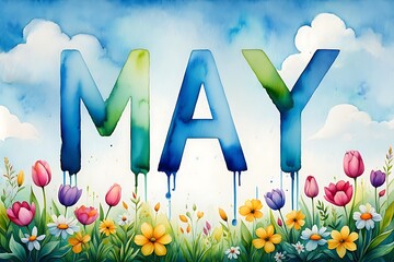 Springtime may flowers and blue sky watercolor art