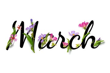 The word march written in elegant script adorned with delicate spring flowers