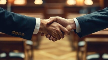 A Strong Partnership: Two Businessmen Shake Hands in a Courtroom Setting