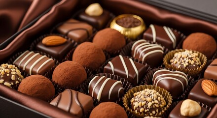 A close-up view of a variety of exquisite chocolates, showcasing diverse shapes, textures, and delightful decorations.