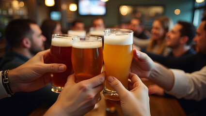 Cheers to Community: Dynamic Action Shot of Diverse Beer Styles Toasting Above Bar Counter - Perfect for Celebrating Events and Gatherings