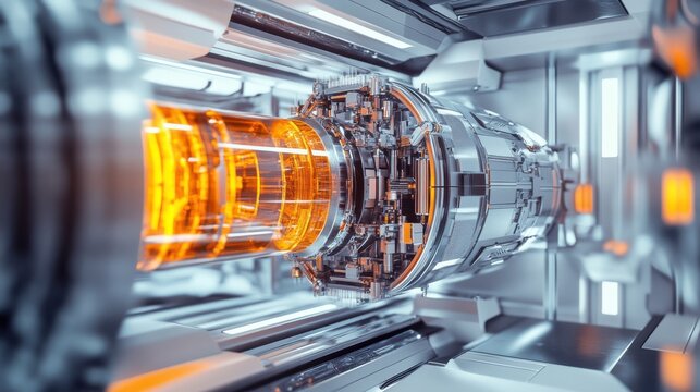 Advanced technology piece showing a glowing chamber with intricate circuitry and bright orange core during a futuristic design phase
