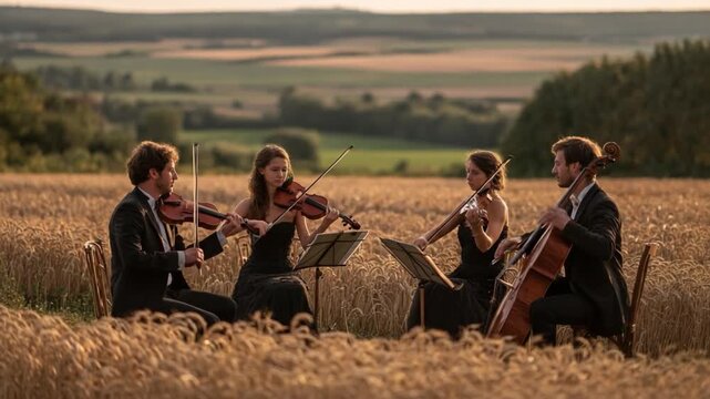 Musical Serenity in the Wheat Field: A quartet of musicians plays their stringed instruments in a tranquil wheat field.
