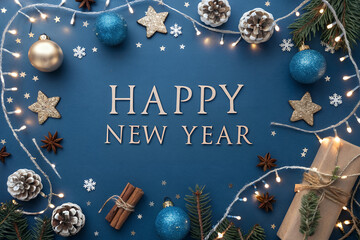 New Year Wishes: A festive New Year's composition featuring ornaments, stars, and a charming gift box on a festive backdrop.  A visual invitation to celebrate new beginning.