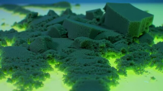 Kinetic sand pieces, hand taking cube with green glowing under light, playing with sand, texture, cube sand, hand, close-up.