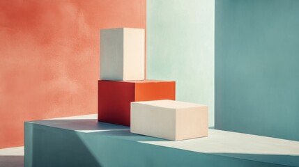 Colorful geometric shapes create a modern artistic display in a minimalist setting with soft shadows and vibrant backgrounds