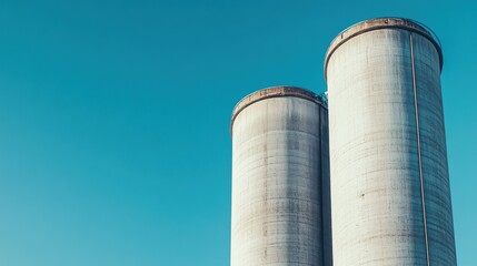 Concrete silos stand tall against a clear blue sky in an industrial setting during daylight hours