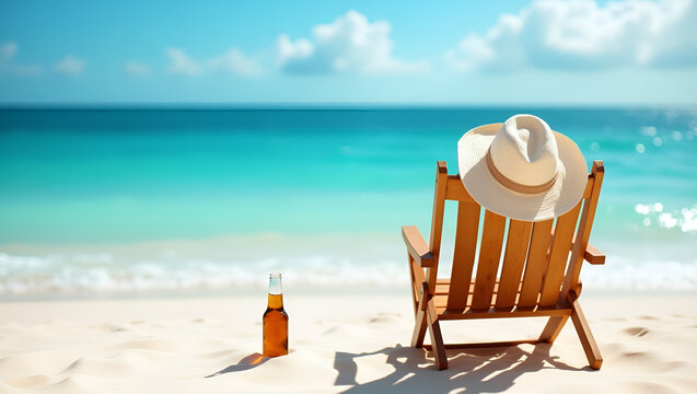 Foldable wooden beach chair overlooking turquoise sea waves sun hat draped over backrest and condensation frosted beer bottle resting on white sand under warm sunlight. in  Photo Stock  Concept  and e