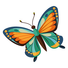 Colorful butterfly with orange teal and blue wings and yellow antennae insect