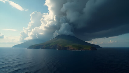 Fototapeta premium Island with Active Volcano: Dark Volcanic Clouds Over Ocean Landscape - Capturing Nature's Power in Photo Stock Concept with Empty Space for Text