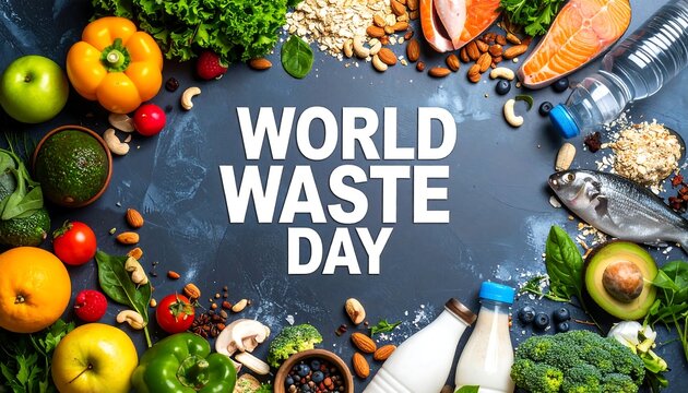 Colorful array of foods, beverages, and healthy ingredients arranged around the text "WORLD WASTE DAY," on a dark gray background