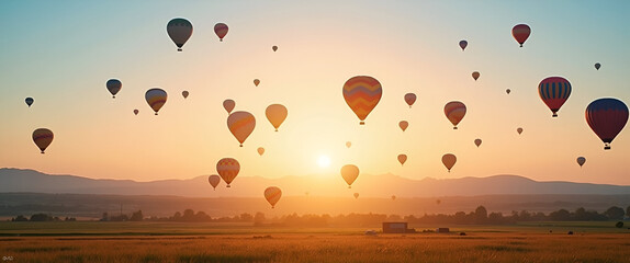 Naklejka premium multicolored hot air balloons ascending into pastel sunrise sky above open field during balloon festival in vibrant event stock photograph in Photo Stock Concept and empty space on the left side