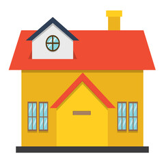 Colorful illustration of a house with a chimney, featuring a window and vibrant roof design