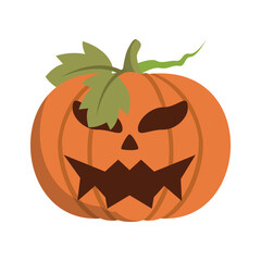 A stylized Halloween pumpkin with a menacing expression and green vine, set against a plain background