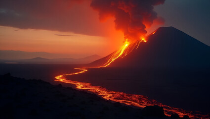 Fototapeta premium Stunning Dawn Volcanic Eruption: Lava Flow and Glowing Magma Against Dark Sky - Perfect Stock Photo with Space for Text