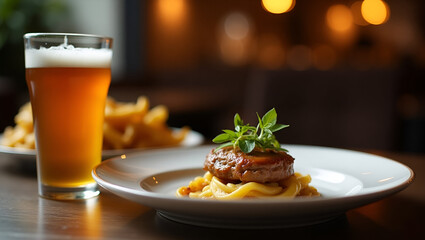 Elegant Dinner Beer Pairing: Gourmet Meal with Amber Brew in Warm Lighting - Fine Dining Beverage Convergence with Empty Space for Text