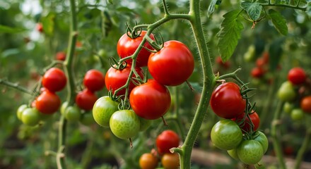 Obraz premium Tomato plant with ripening red and green tomatoes