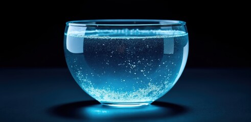 Glass of sparkling water with blue light and bubbles