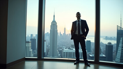 Fototapeta premium Empowering portrayal of career success through work with entrepreneur standing confidently in office lounge overlooking city skyline after achieving project milestones in Photo Stock Concept and em