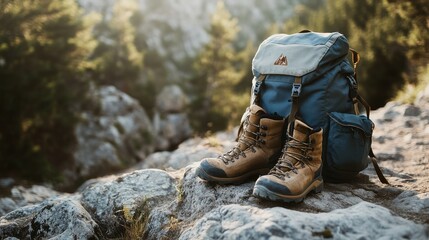 A backpack and hiking boots placed on a rocky trail in the wilderness,  on blurred background
