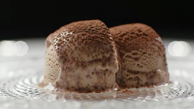 Delicious chocolate ice cream with cocoa powder topping on glass plate, dessert concept