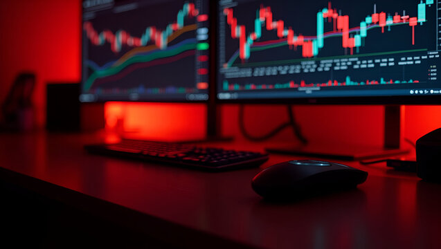 High Contrast Photo of Trading Desk: Red Glow Illuminates Keyboards, Phones, and Monitors with Declining Index Bars - Stock Photo Concept with Empty Space for Customization